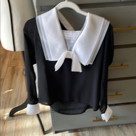 andree gaye Tops - Black and White Asymmetrical Tie Front Sailor Collar Blouse
